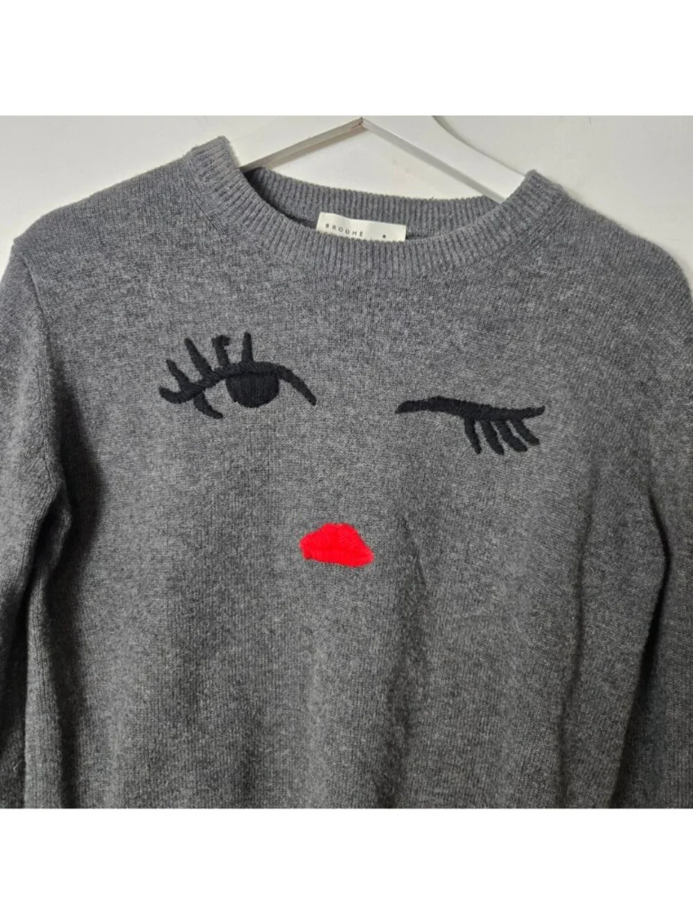 Kate Spade Broome Street Size M Gray Winking Face Wool Blend Crew Neck Sweater